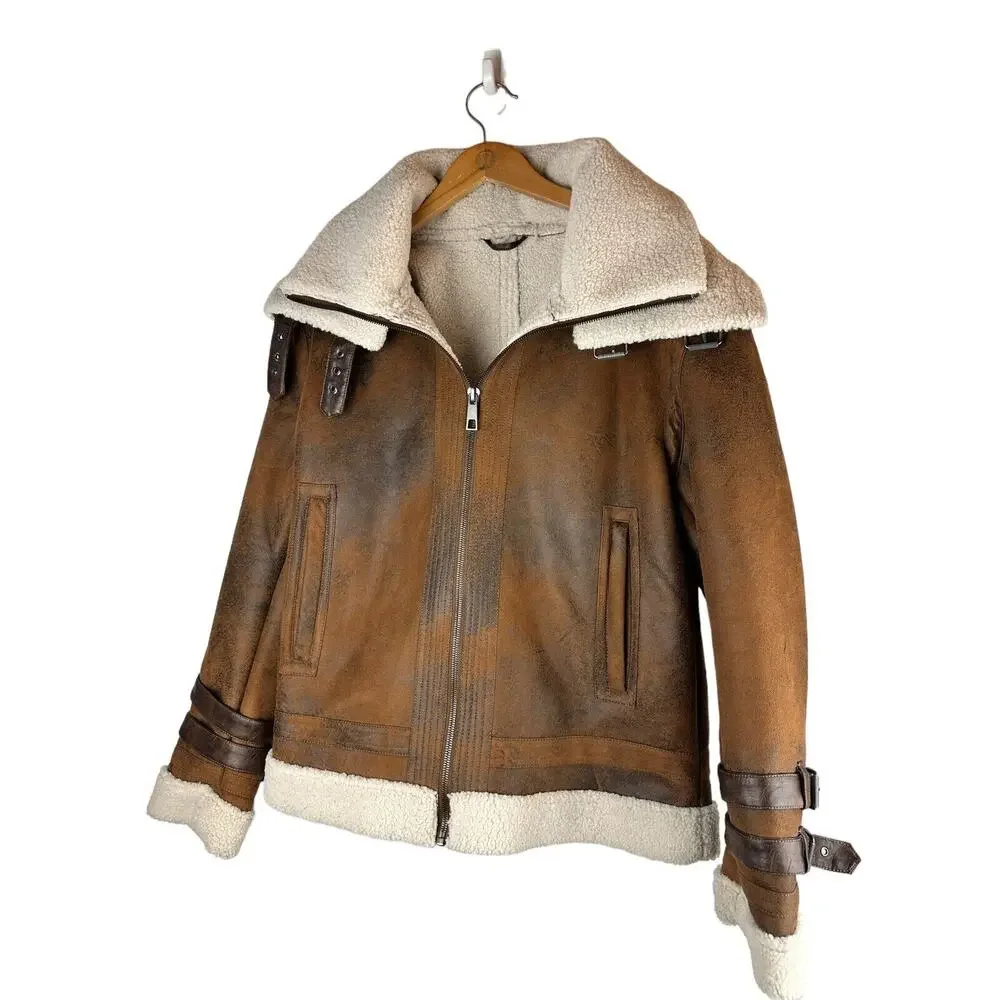 Zara Faux Leather Sherpa Lined Aviator Style Contrast Double Collar Jacket Large - Picture 3 of 13